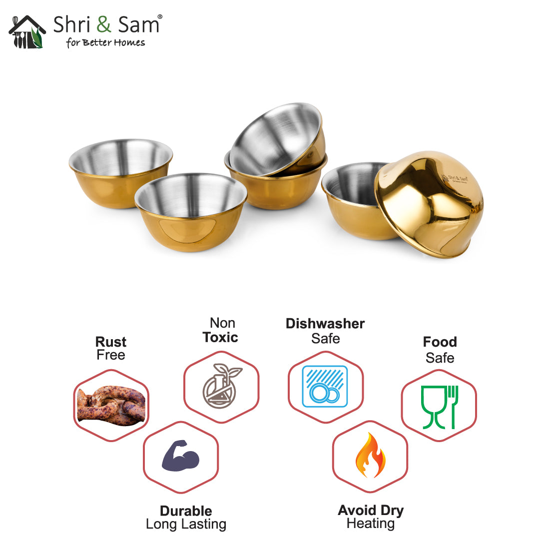 Stainless Steel 6 PCS Small Bowl with Gold PVD Coating Signature - Matt