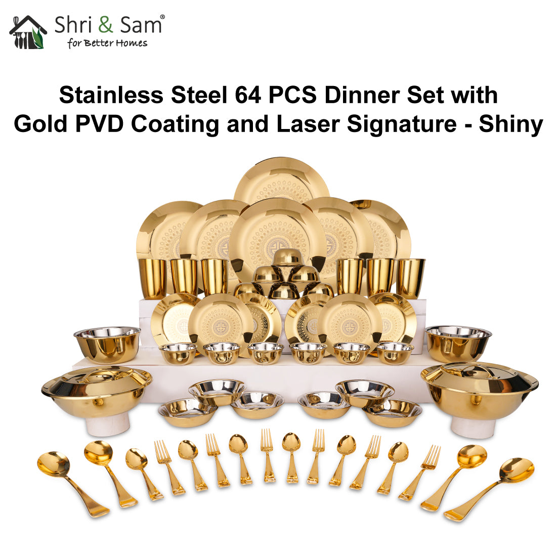 Stainless Steel 64 PCS Dinner Set (6 People) with Gold PVD Coating and Laser Signature - Shiny