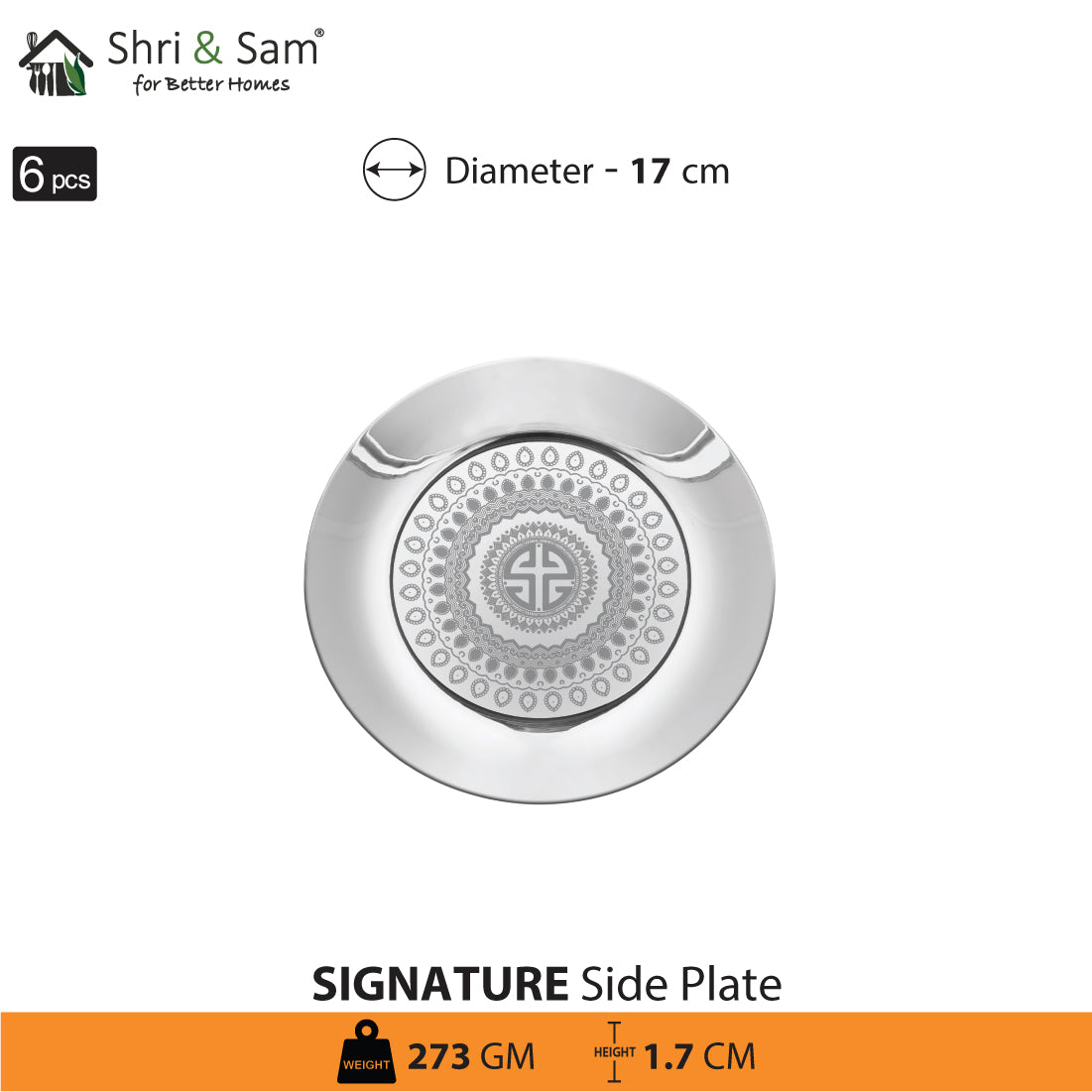 Stainless Steel 6 PCS Side Plate with Laser Signature - Shiny