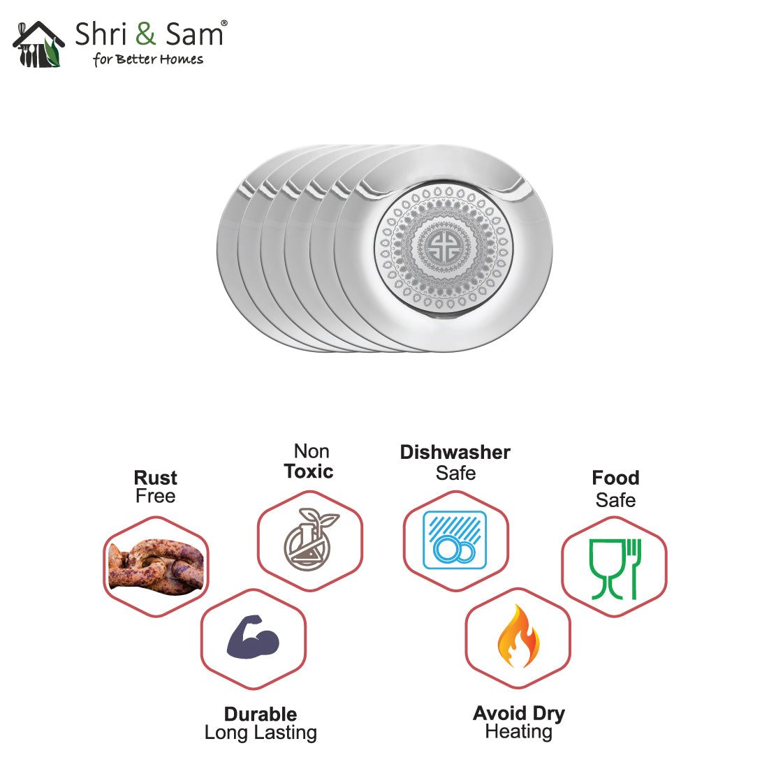 Stainless Steel 6 PCS Side Plate with Laser Signature - Shiny