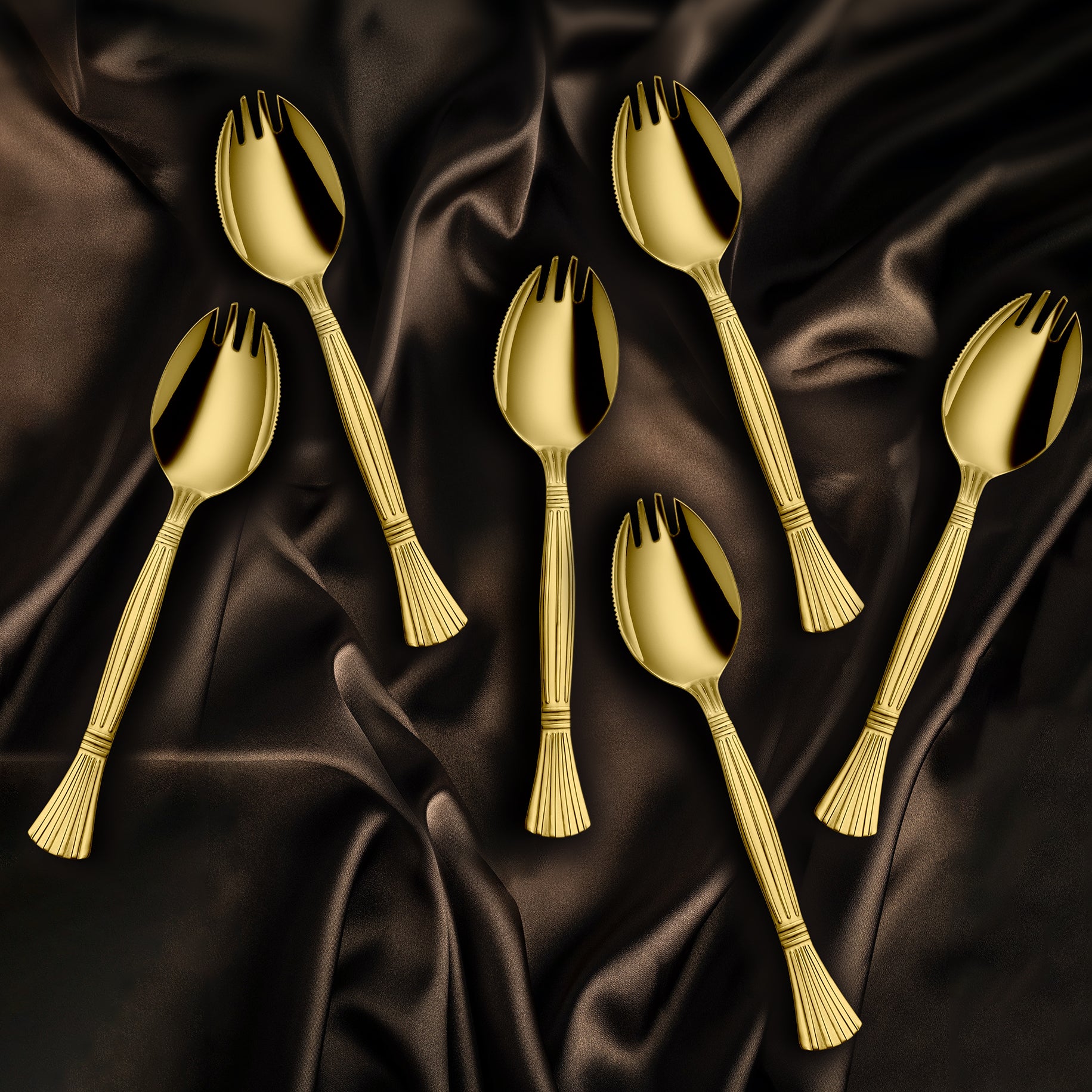 Stainless Steel 6 PCS Cutlery with Gold PVD Coating Spork 2 IN 1