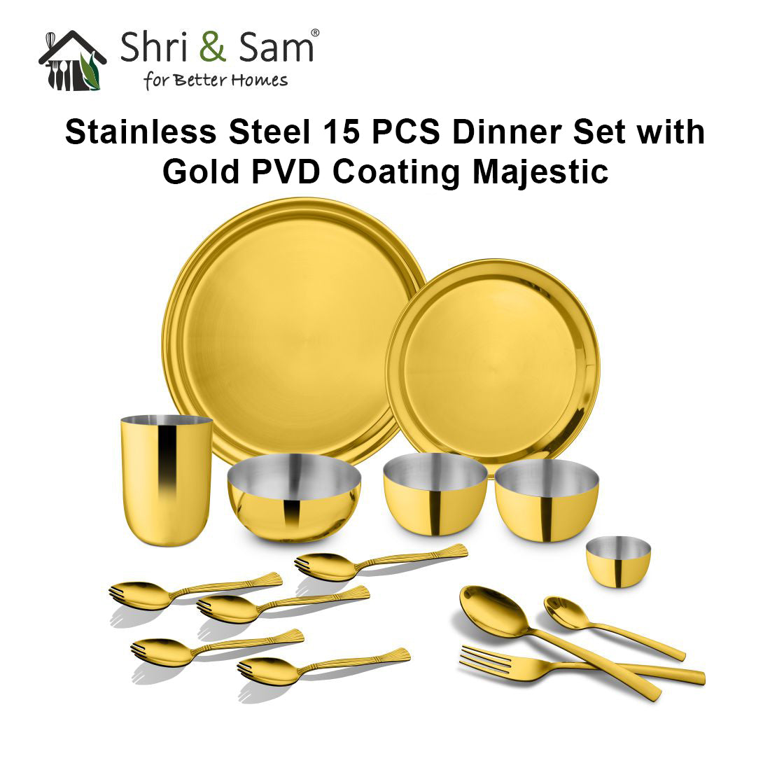 Stainless Steel 15 PCS Dinner Set with Gold PVD Coating Majestic