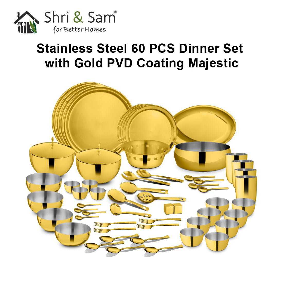Stainless Steel 60 PCS Dinner Set (4 People) with Gold PVD Coating Majestic