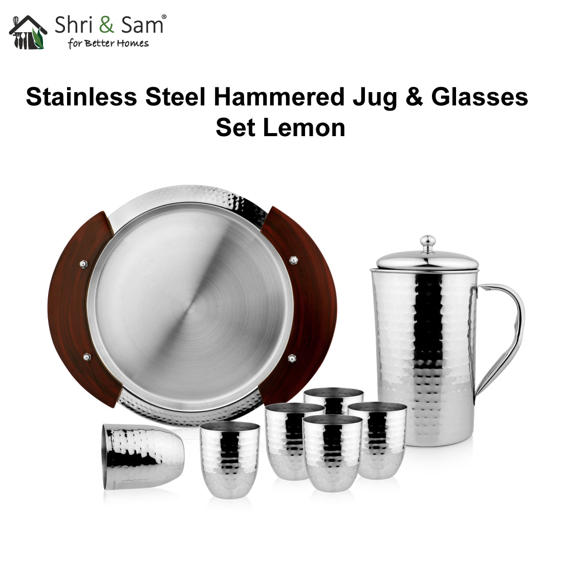 Stainless Steel Hammered Jug & Glasses Set Lemon