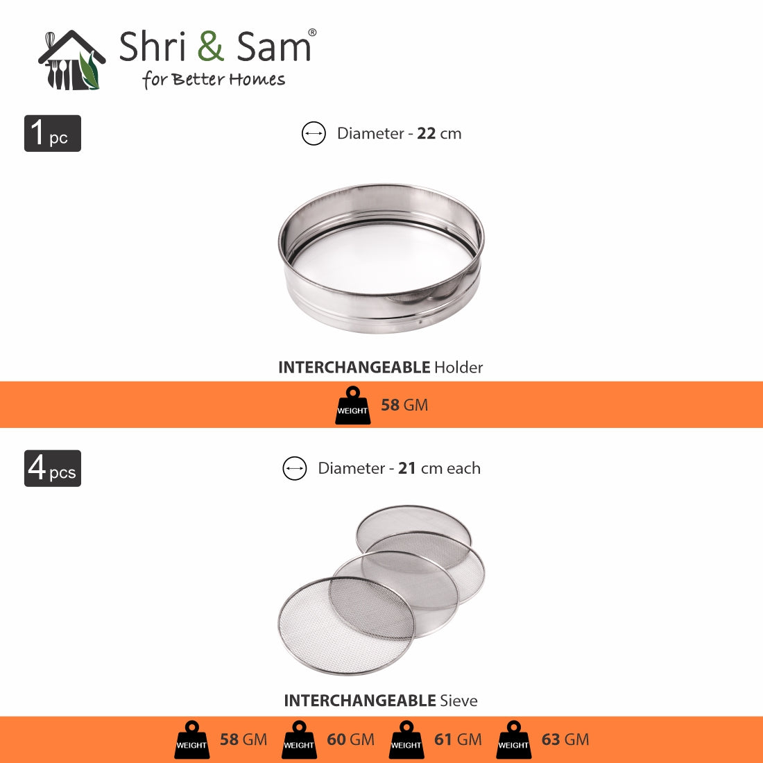 Stainless Steel Interchangeable Sieve Set with Holder