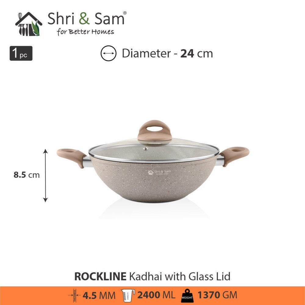 Aluminium Non - Stick Kadhai with Glass Lid Rockline