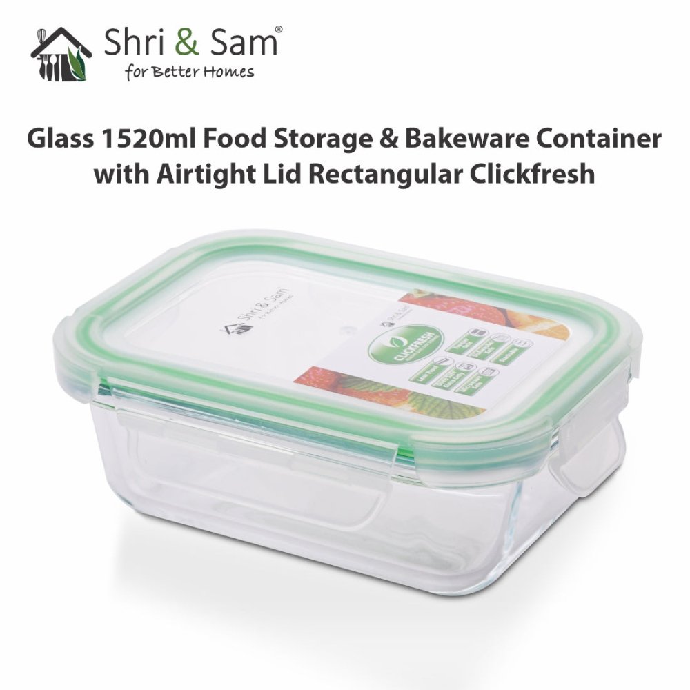 Glass 1520ml Food Storage & Bakeware Container with Airtight Lid Rectangular Clickfresh