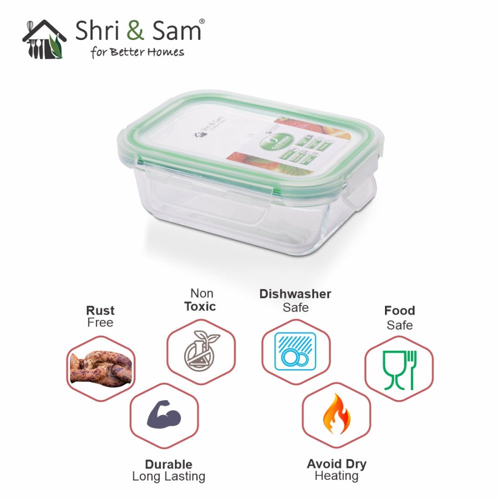 Glass 370ml Food Storage & Bakeware Container with Airtight Lid Rectangular Clickfresh