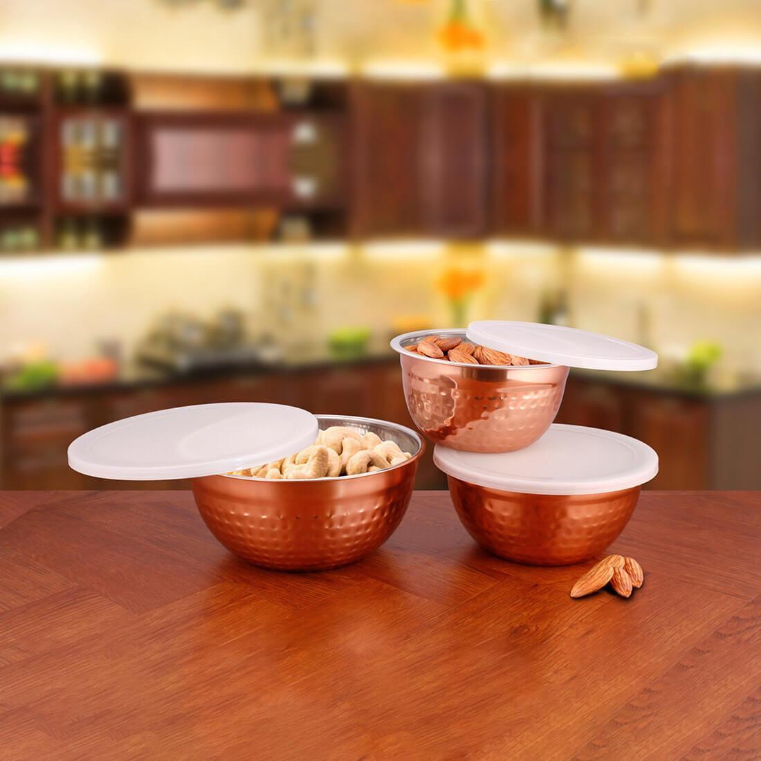 JAGDAMBA CUTLERY LIMITED Serveware 3 PCS Stainless Steel Storage Lid Bowls Hammered with Copper Color Coated - Fresco
