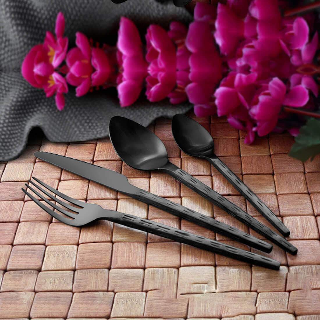Jagdamba Cutlery Pvt Ltd. Cutlery Black 24 PCS Cutlery Set with PVD Coating - Rod Rice Hammered - Hand Crafted