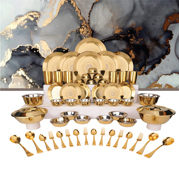 Stainless Steel 64 PCS Dinner Set (6 People) with Gold PVD Coating and Laser Signature - Shiny