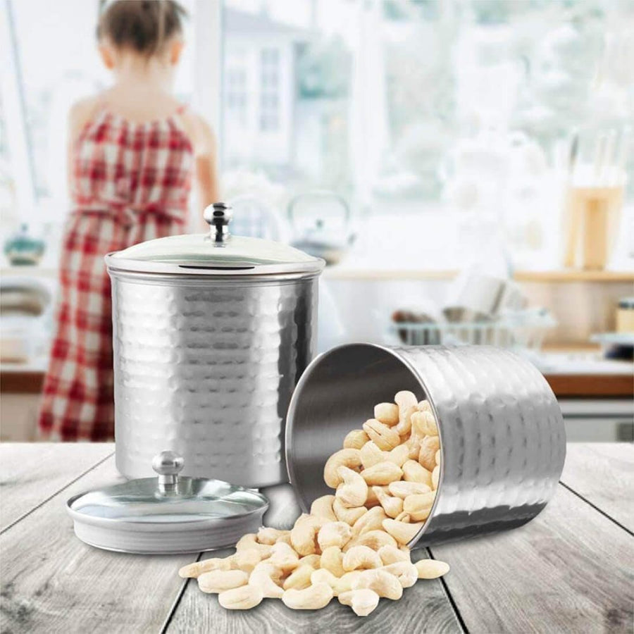 Stainless Steel 2 PCS 1000 ML Hammered Storage Canister with Air Tight Glass Lid Candy