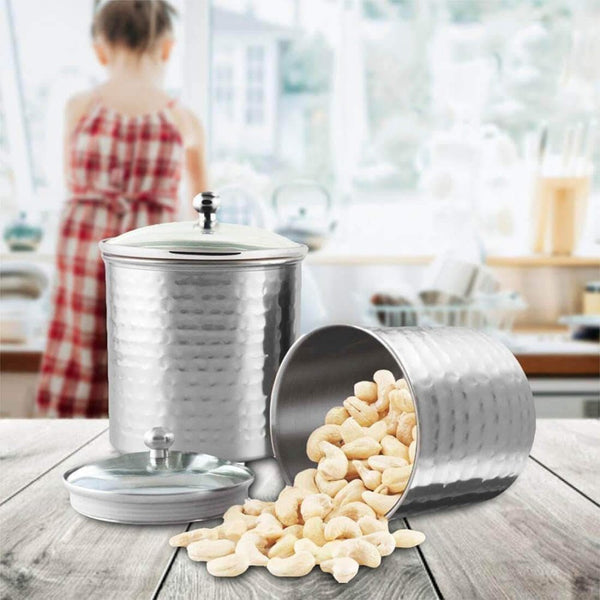 Stainless Steel 2 PCS 1000 ML Hammered Storage Canister with Air Tight Glass Lid Candy