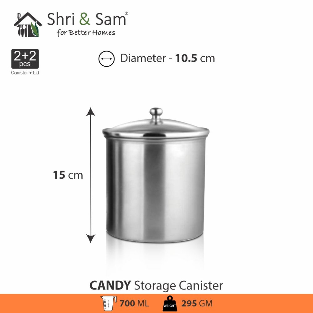 Stainless Steel 2 PCS 700 ML Storage Canister with Air Tight Glass Lid Candy