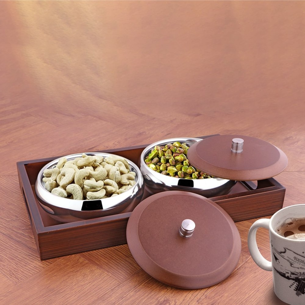 Stainless Steel 2 PCS Bowl with Wooden Tray and Lid Soprano