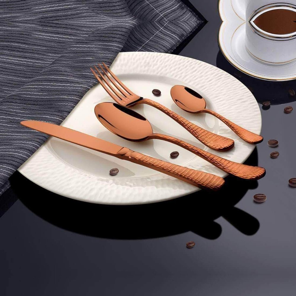 Stainless Steel 24 PCS Cutlery Set with Rose Gold PVD Coating New Rosemary Hammered