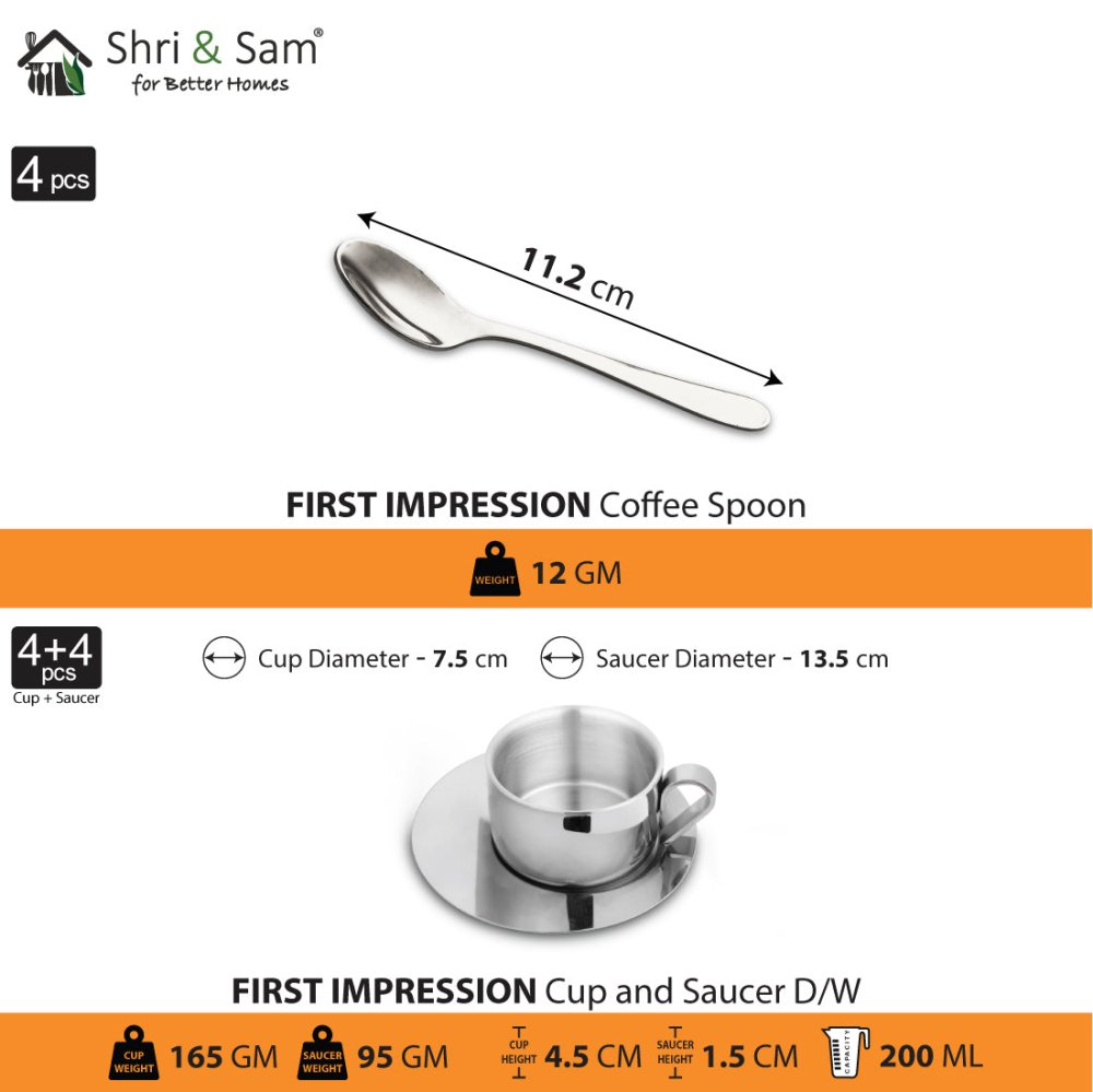Stainless Steel 4 PCS Double Wall Cup and Saucer First Impression