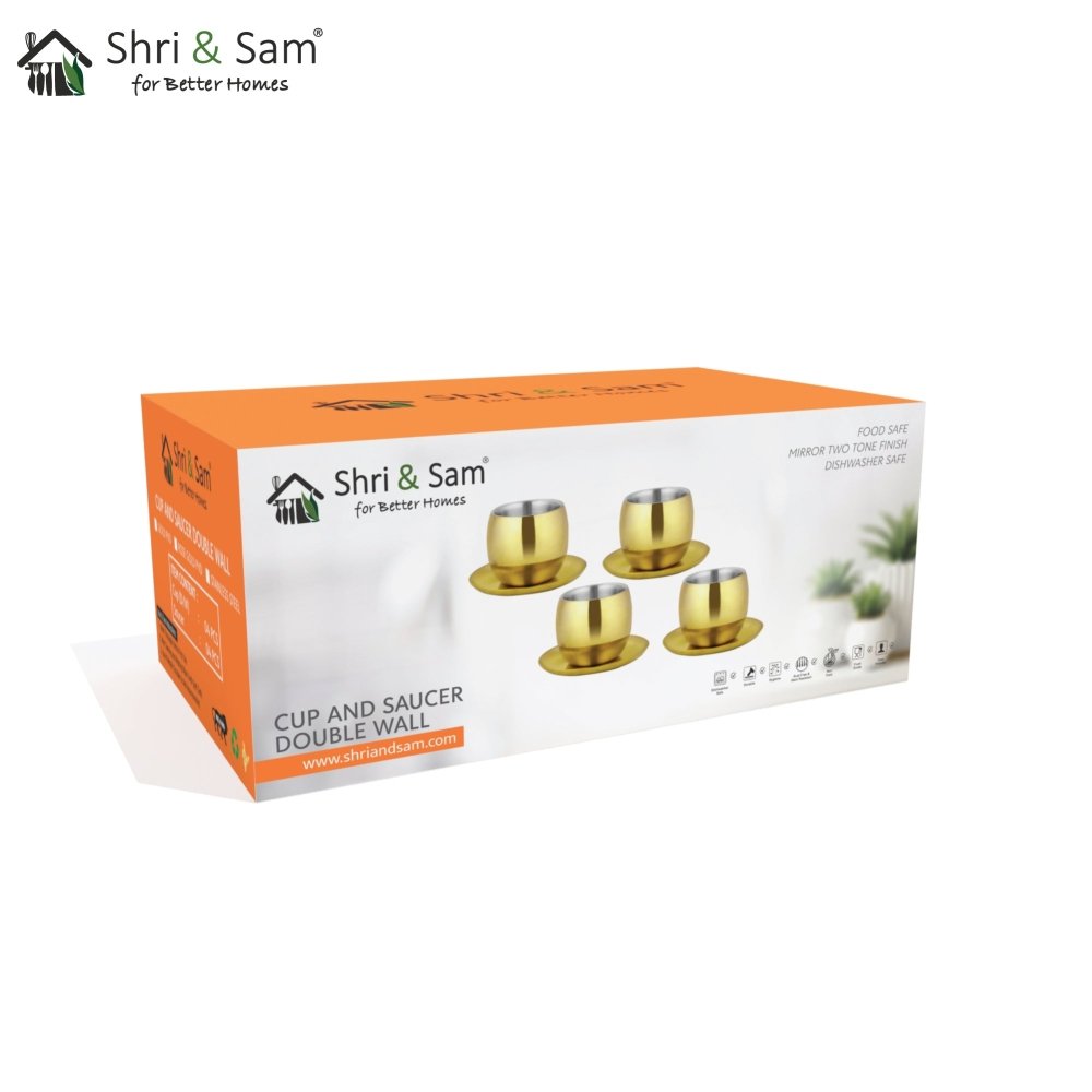 Stainless Steel 4 PCS Double Wall Cup and Saucer with Gold PVD Coating Nikki