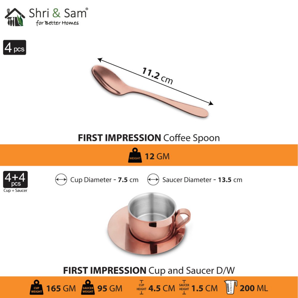 Stainless Steel 4 PCS Double Wall Cup and Saucer with Rose Gold PVD Coating First Impression