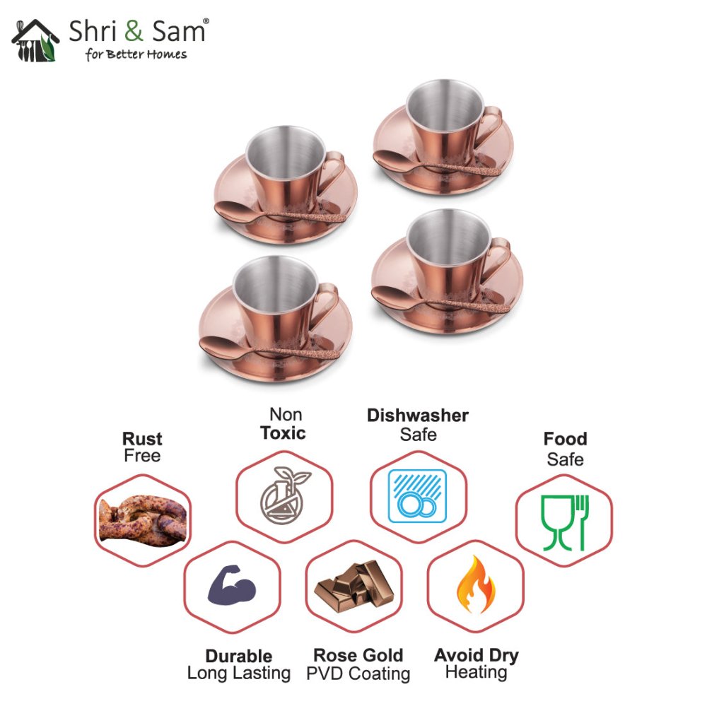 Stainless Steel 4 PCS Double Wall Cup and Saucer with Rose Gold PVD Coating & Laser Rise