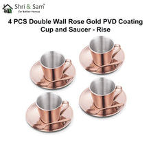 Stainless Steel 4 PCS Double Wall Cup and Saucer with Rose Gold PVD Coating Rise