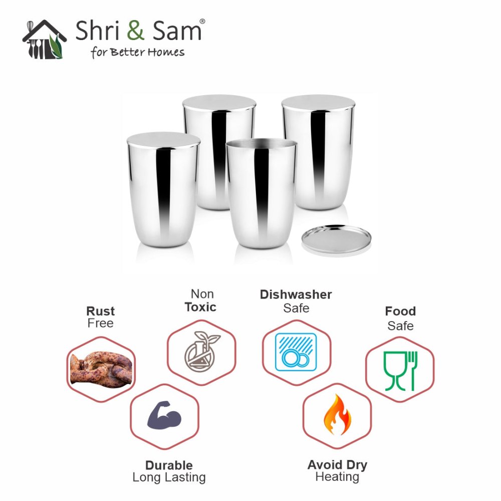 Stainless Steel 4 PCS Glass with SS Lid Impression