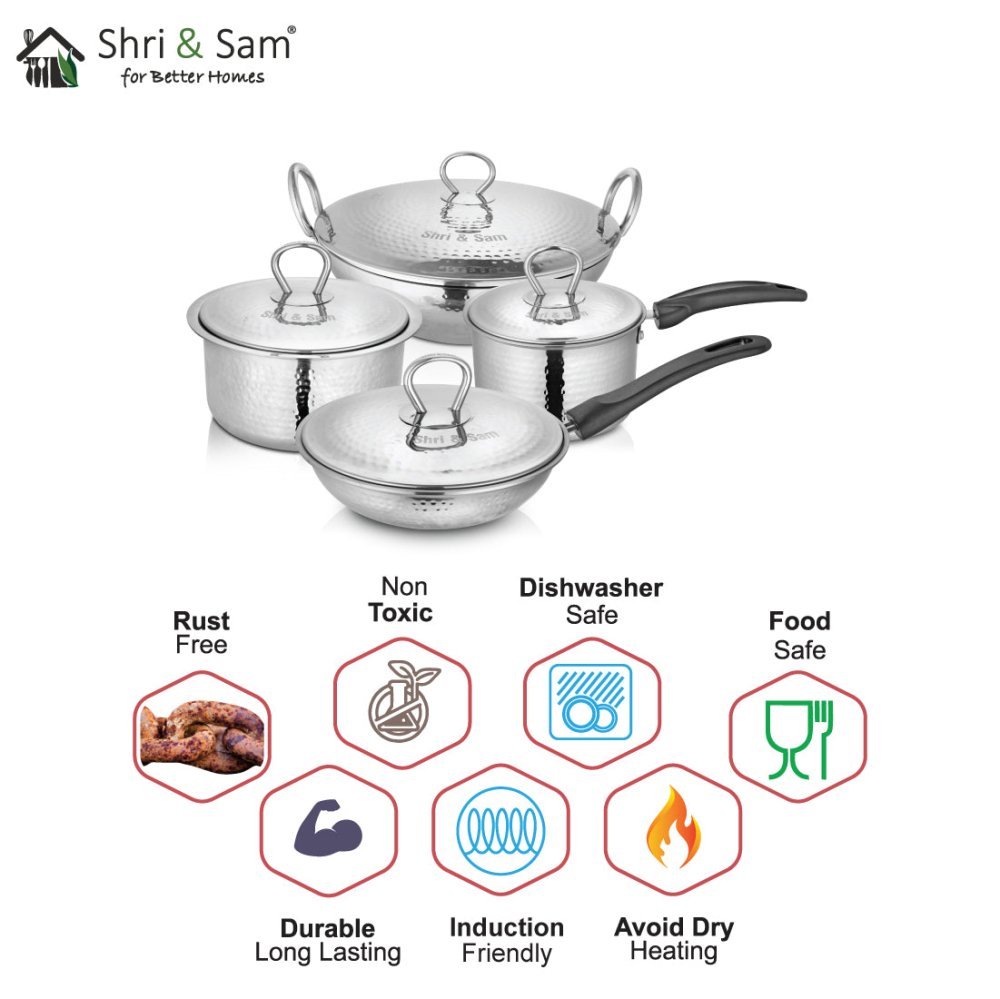 Stainless Steel 4 PCS Heavy Weight Hammered FAMILY Cookware Set with Lid