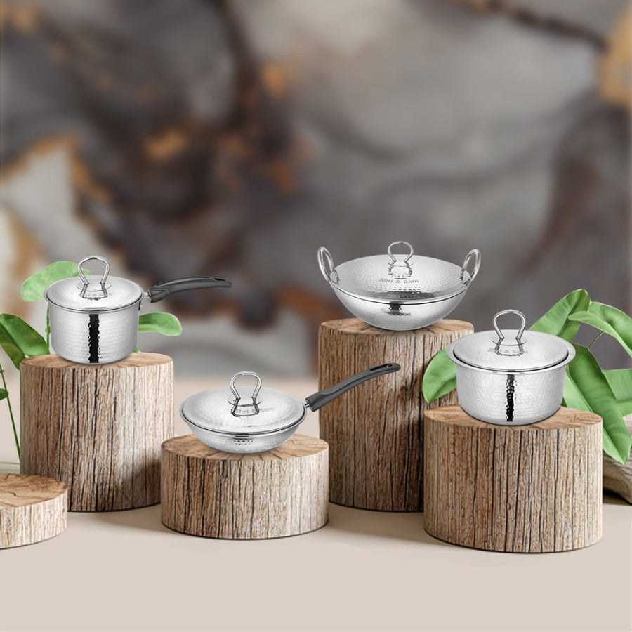 Stainless Steel 4 PCS Heavy Weight Hammered STARTER Cookware Set with Lid