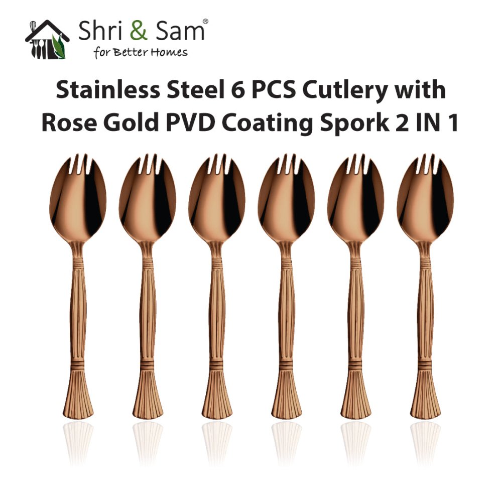 Stainless Steel 6 PCS Cutlery with Rose Gold PVD Coating Spork 2 IN 1