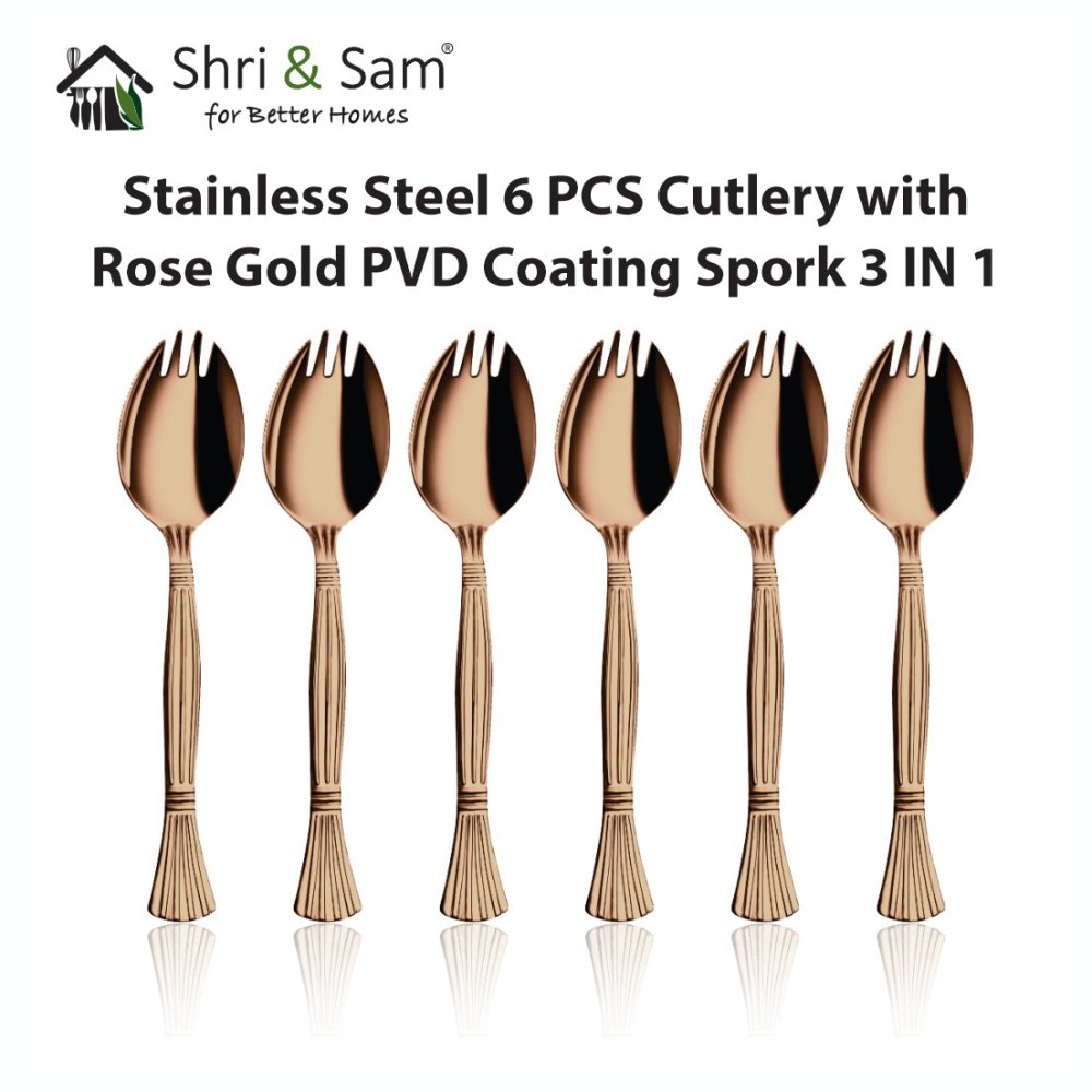 Stainless Steel 6 PCS Cutlery with Rose Gold PVD Coating Spork 3 IN 1