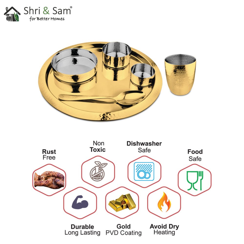 Stainless Steel Hammered Thali Set with Gold PVD Coating King