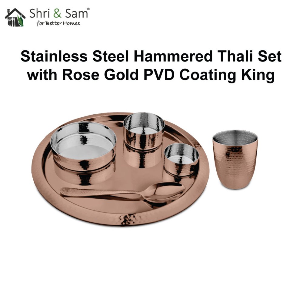 Stainless Steel Hammered Thali Set with Rose Gold PVD Coating King