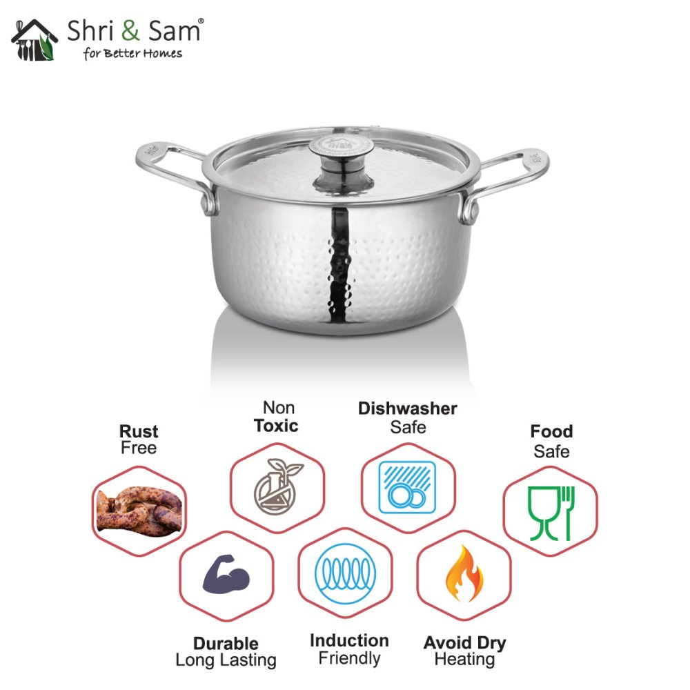 Stainless Steel Heavy Weight Hammered Casserole with SS Lid Platinum