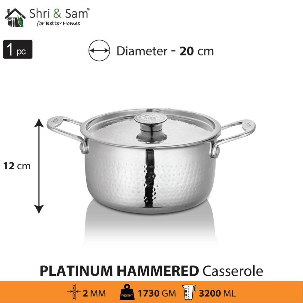 Stainless Steel Heavy Weight Hammered Casserole with SS Lid Platinum