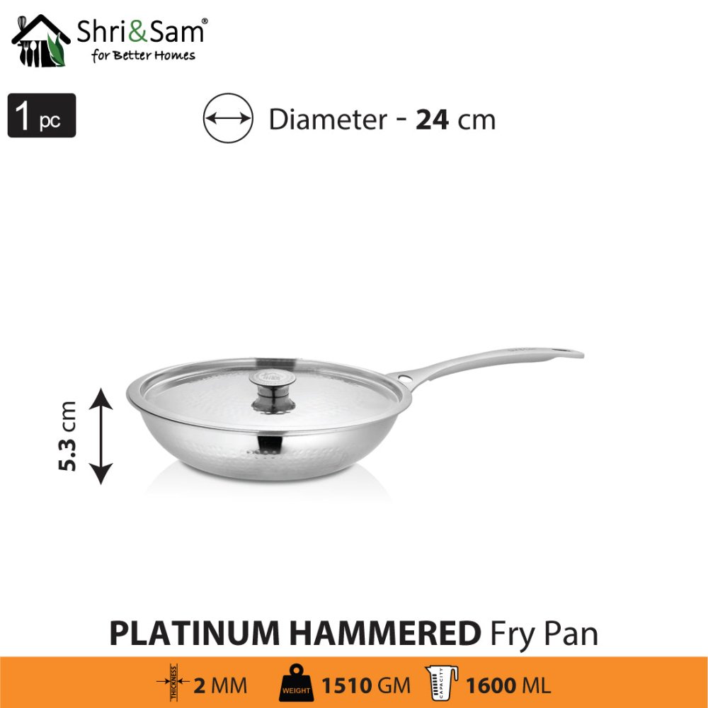 Stainless Steel Heavy Weight Hammered Fry Pan with SS Lid Platinum