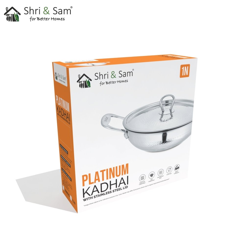 Stainless Steel Heavy Weight Hammered Kadhai with SS Lid Platinum