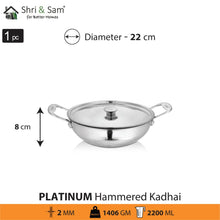 Stainless Steel Heavy Weight Hammered Kadhai with SS Lid Platinum