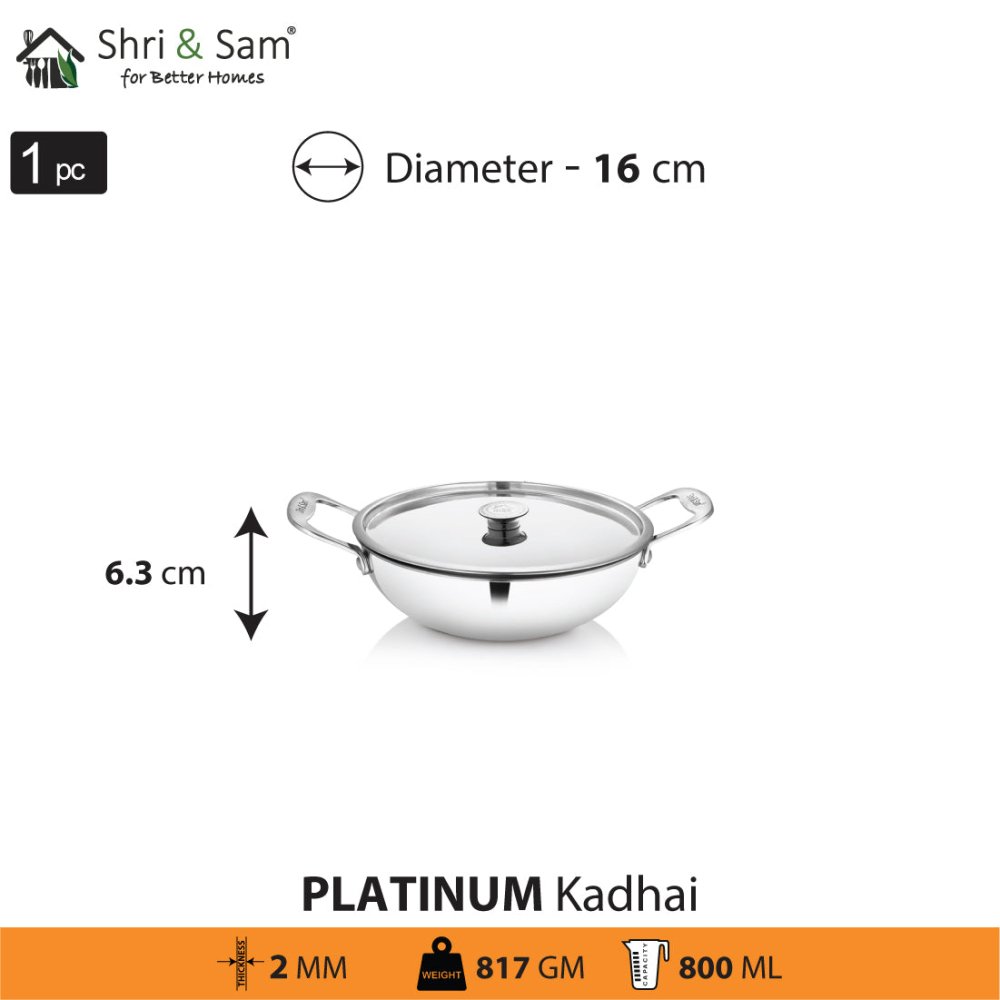 Stainless Steel Heavy Weight Kadhai with SS Lid Platinum