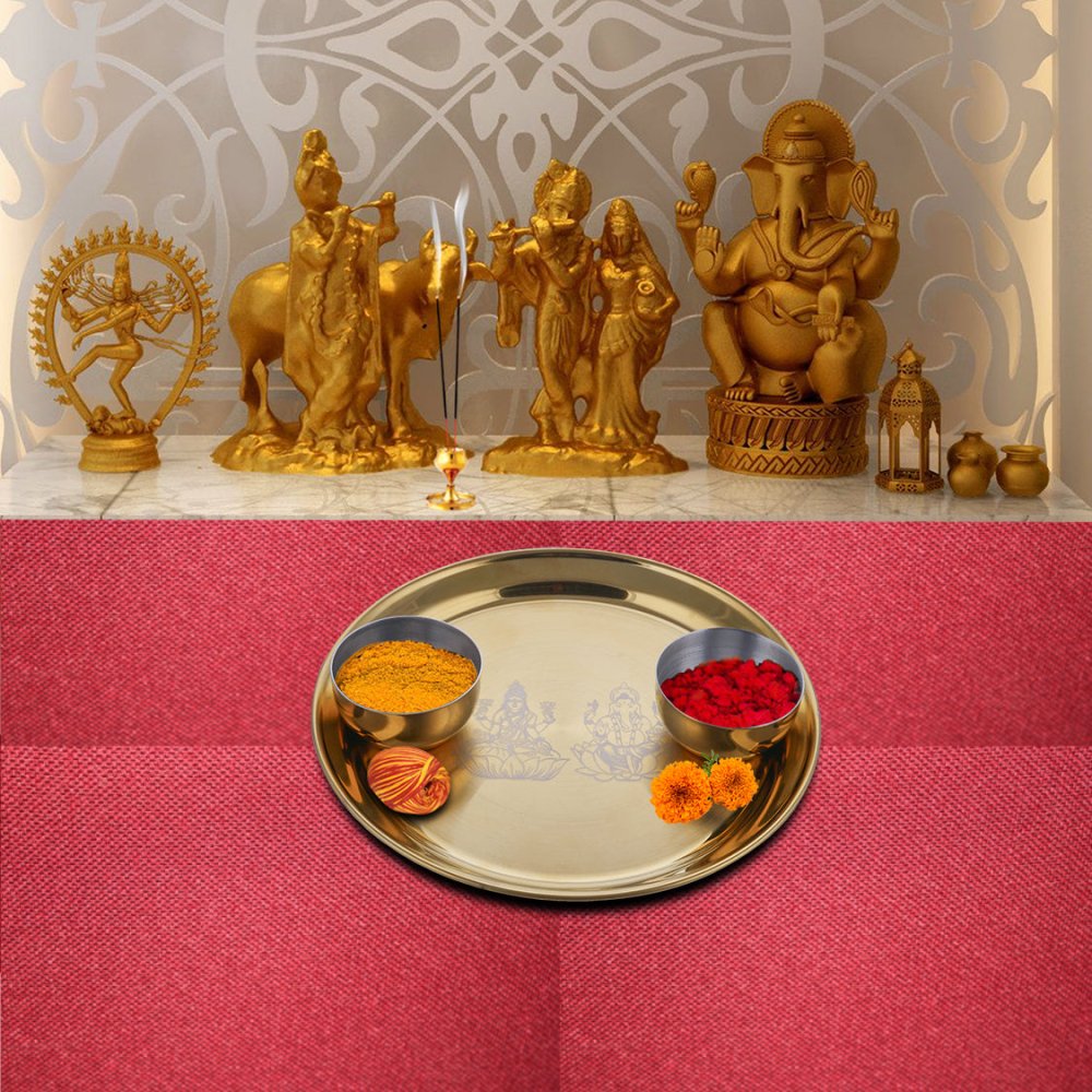 Stainless Steel Pooja Thali Set with Gold PVD Coating Laxmi & Ganesh