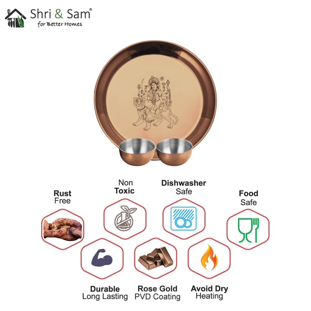 Stainless Steel Pooja Thali Set with Rose Gold PVD Coating Durga Mata