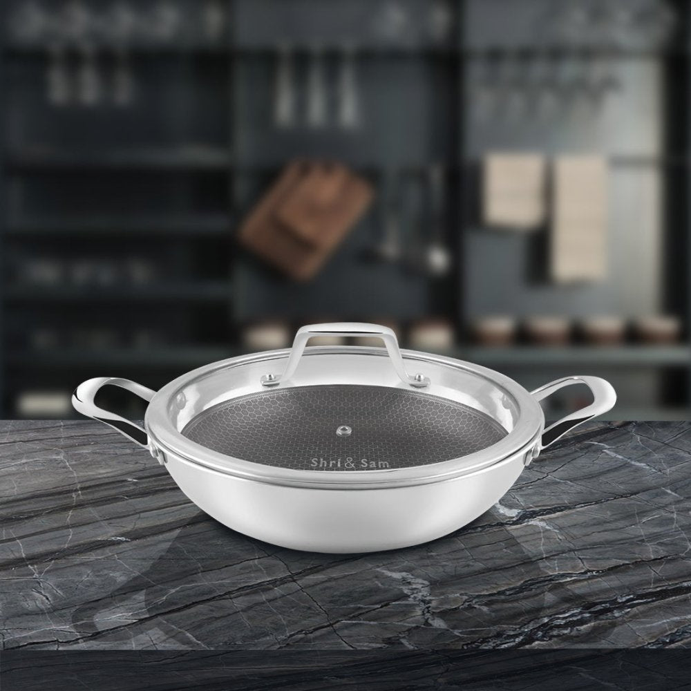 Stainless Steel Triply Non - Stick Kadhai with Glass Lid Linocut